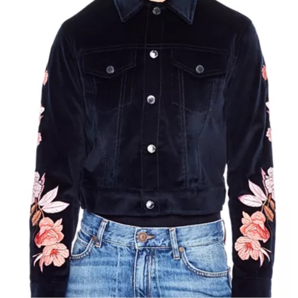 Sandro - Celia Floral Embroidered Blue Velveteen cropped jacket